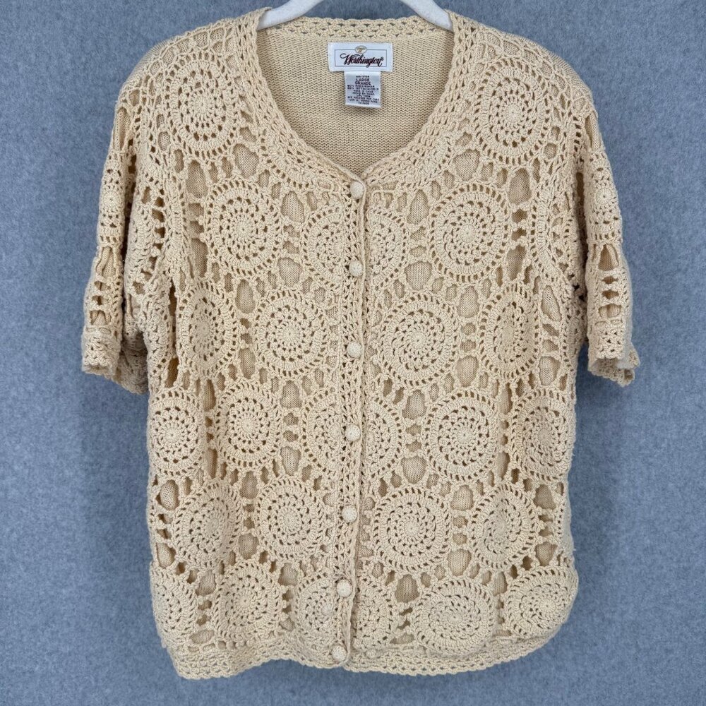 Worthington Womens VTG Crochet Knit Cardigan Sweater Top Size L Tan Short Sleeve